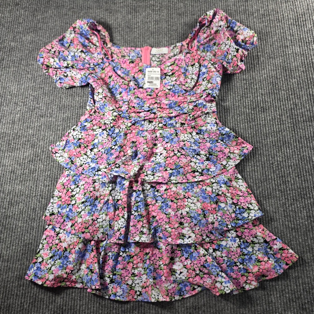 QUIZ Floral Tiered Ruffle Mini Dress Pink Blue Puff Sleeve Size US 10 NEW